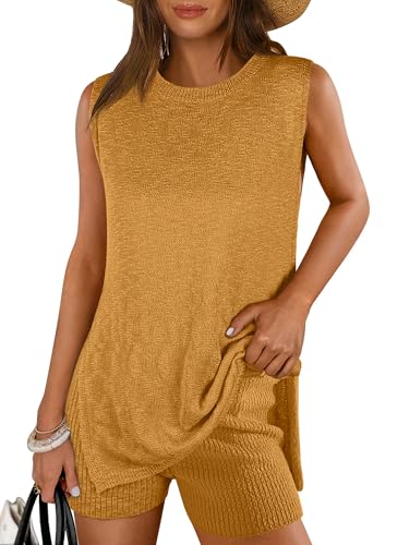 Image of ANRABESS Women Summer 2 Piece Outfits Sleeveless Knit Sweater Top & Shorts Soft Lounge Sets Travel Beach 2026 Spring Clothes Turmeric Small