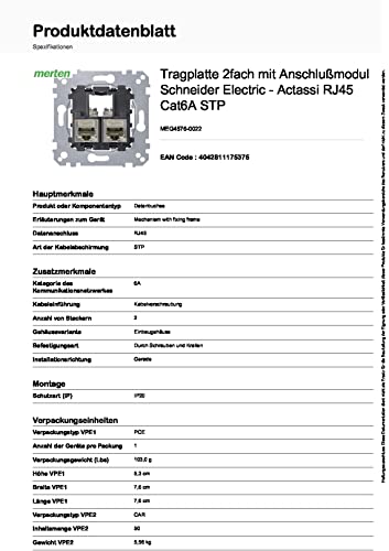 Schneider Electric Merten Tragplatte mit Anschlußmodul Actassi RJ45 Cat6A STP, 2 Ausgänge, Unterputz, Artikelnummer MEG4576-0022
