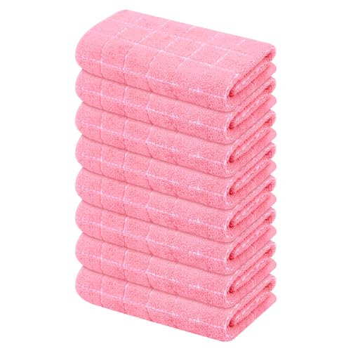 Mordimy 100% Cotton Terry Kitchen Towels, Checkered Designed, Super Soft and Absorbent Dish Towels for Drying, Hand Towels for Kitchen, 16 x 26 Inches, 8 Pack, Pink