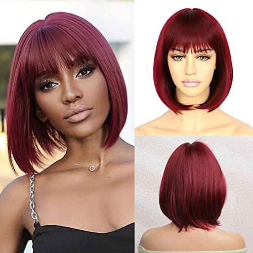 Perruque Bob rouge avec Bangs Sapphirewigs : perruque courte de fête bordeaux naturel