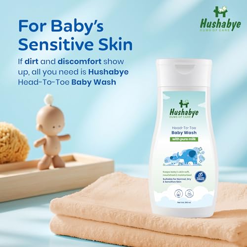 Image of Hushabye Moisturizing Baby Lotion (200ml), Head to Toe Wash (200ml) & Dusting Powder (100g) with Milk Protein | pH Balanced for All Skin Types | Newborn Care Gift Set, Combo Pack of 3