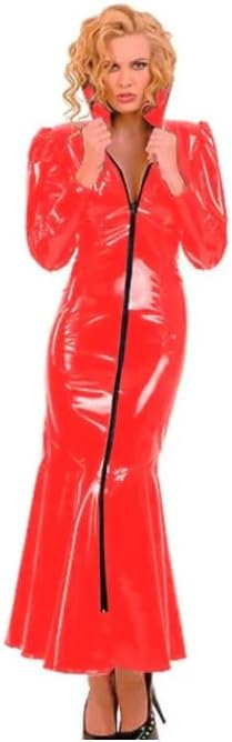 Mermaid Long Dress Women Gothic Turn-Down Collar Dress PVC Zipper Front Vestido Vintage Puff Sleeve Clubwear Customizable