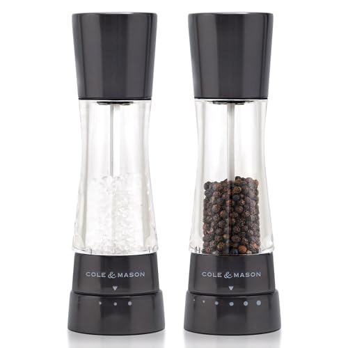 Cole & Mason H59428G Derwent Gunmetal Macina Sale e Pepe, Macina Sale e Pepe, Ceramica Regolabile Macinino, Macinaspezie, Acciaio inossidabile, Acrilico, 190mm, Pacco Regalo, Include 2 x Mulini
