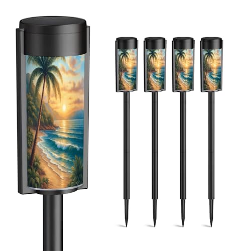 4 Pack Solar Pathway Lights Outdoor Waterproof Seascape Tropical Palm Tree Beach Blue Ocean Sea Wave...