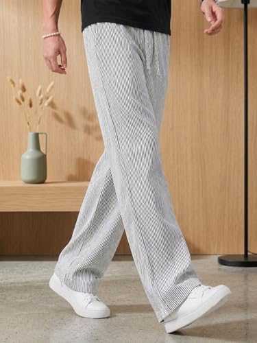 Image of Men's Casual Striped Trouser | Relaxed Fit Drawstring Pants for Men | Elastic Waist Straight Fit Lounge Trousers | Lightweight Summer Cotton Bottoms | Comfortable Daily, Beach, Travel Pants