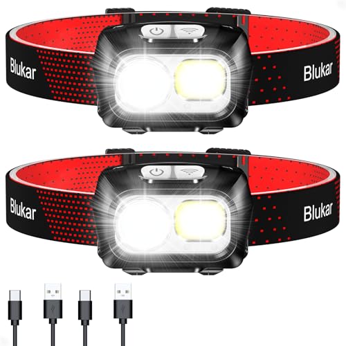 Blukar LED Stirnlampe Wiederaufladbar, 2 Stück Superhell Kopflampe Stufenlos Dimmbar mit 8 Modi, Sensor & Rotlicht, IPX5 Wasserdicht & Winkel Einstellbar, Stirnleuchte für Joggen, Angeln -Schwarz Blukar LED Stirnlampe Wiederaufladbar, 2 Stück Superhell Kopflampe Stufenlos Dimmbar mit 8 Modi, Sensor & Rotlicht, IPX5 Wasserdicht & Winkel Einstellbar, Stirnleuchte für Joggen, Angeln -Schwarz