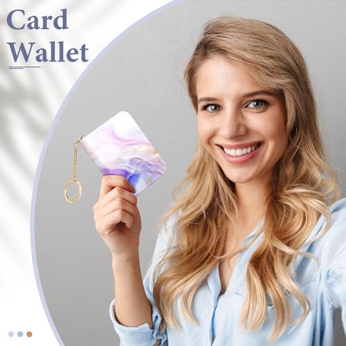Image of Credit Card Holder RFID Wallet for Women, Small Leather Card Organizer Case with Zipper and Keychain, Purple Marble