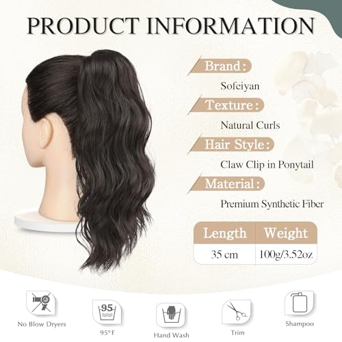 Sofeiyan 14" Ponytail Extension, Short Wavy Claw Clip in Ponytail Hair Extension Synthetic Hairpieces Black Layered Natural Fluffy Curly Drawstring Ponytail Hair Piece for Women - Image 2