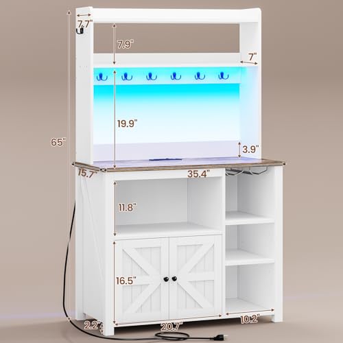 Itaar 35.4 inch Bakers Rack with Power Outlet and Storage, Farmhouse Coffee Bar Cabinet, Microwave Stand Kitchen Cabinet with Hutch, LED Lights, Wine Glass Holder and 8 Hooks，White