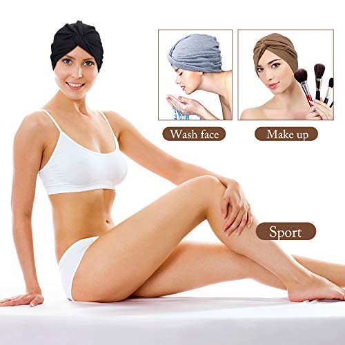 SATINIOR 4 Pieces Turbans for Women Soft Pre Tied Knot Pleated African Head Wraps Cancer Turban Cap Chemo Headwrap Head Wear(Black, Khaki, Navy Blue, Gray)