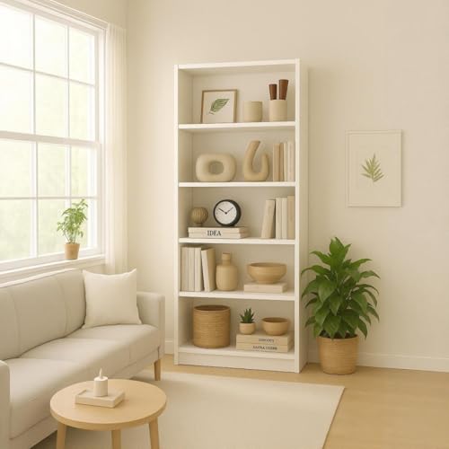 5-Tier Bookcase, Wooden Bookshelf with Open Storage and Anti-Tip Safety Kit, Tall Display Shelf for Living Room, Home Office, Bedroom (White)