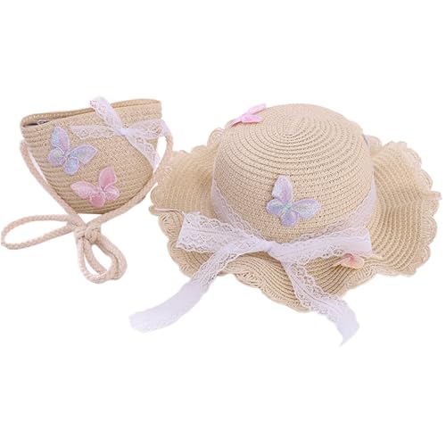 Kids Straw Hat Set, 2pcs/Set Butterfly Lace Straw Hat with Crossbody Bag for Girls, Summer Kids Straw Sun Hat, Beach Hat for Girls Beige