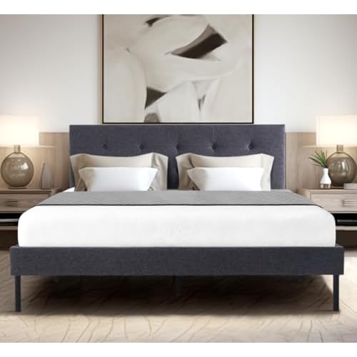 Bumblr Queen Bed Frame, Upholstered Platform with Headboard, Strong Frame and Wooden Slats Support, No Box Spring Needed, Non-Slip and Noise-Fress, Easy Assembly, Dark Grey