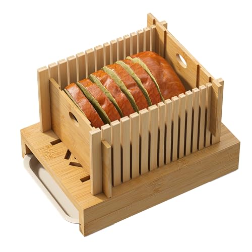 FILWH Bread Slicer Bamboo Wood with Crumb Tray Adjustable Bread Slicing Guide Foldable Compact Cutting Board Easily Cut Homemade Cake Bread