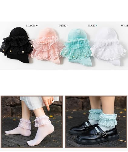 Image of Women Ruffle Socks, Soft Comfortable Lace Frilly Fashion Princess Socks with Pearls 3 Pairs