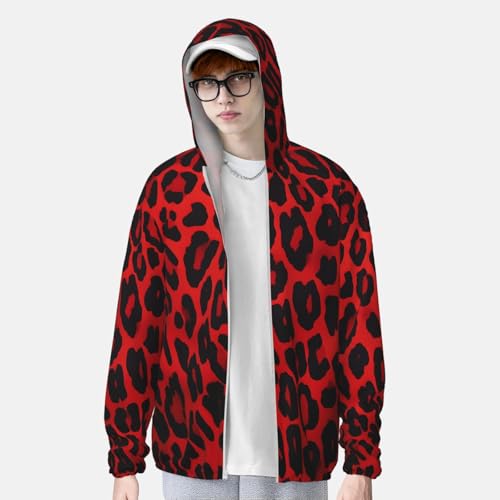 UPF 50+ Sun Protection Hoodie Long Sleeve Red Leopard Pattern Sun Shirt Rash Guard Fishing Shirts for Men 5