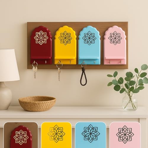 Image of Globally Indian Engineered Wood Keys Holder for Wall with Shelf | Mandala Design Key Stand Organizer for Home Entrance, Decorative Key Hanger for Wall, Entryway, Living Room, Floating Wall Shelf (Red)