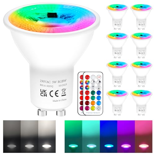 REYLAX Bombillas LED Colores GU10 de 5W, RGB Blanco Frío Regulable Bombilla con Mando a Distancia, Focos LED RGBW 12 Colore, AC 85-265V, Función de Memoria y Sincronización (paquete de 8)