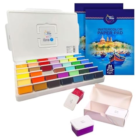 Art Whale Bundle – Gouache Paint Set 42 Colors 1.7 fl oz + 2 Gouache Paint Cups (Mauve) + 2 Watercolor Paper Pads (24 Sheets Each, 140 lb/300 GSM) Cover