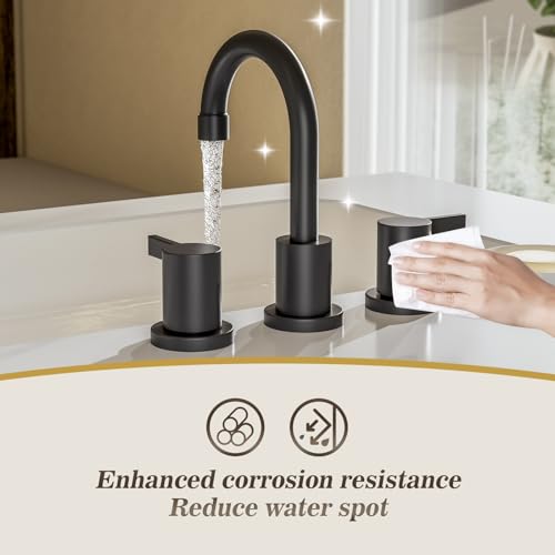 Phiestina 8 Inch 3-Hole Matte Black Widespread Bathroom Sink Faucet with Valve and Metal Pop-Up Drain Assembly, 2-Handle Low-Arch Bathroom Faucets Three Hole, WF15-1-MB by phiestina - Used condition - Image 4