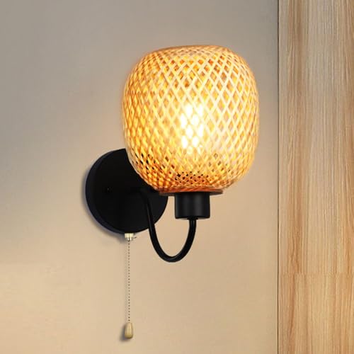 Mengjay Lámpara de Pared Estilo Boho Interior,Pantalla de lámpara tejida a mano,E27 Aplique Pared Hecha De Metal Y Bambú Para Dormitorio Cocina BalcóN Pasillo (A)