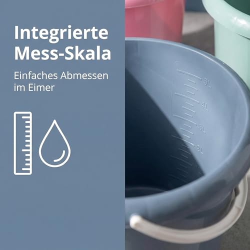 Eimer Putzeimer 5 Liter, 3 Stück Plastikeimer, Wassereimer in 3 Farben, Haushaltseimer aus Stabiler Kunststoff, Putzeimer mit Ausguss und Mess-Skala, lebensmittelecht, Model Teo, Made in EU