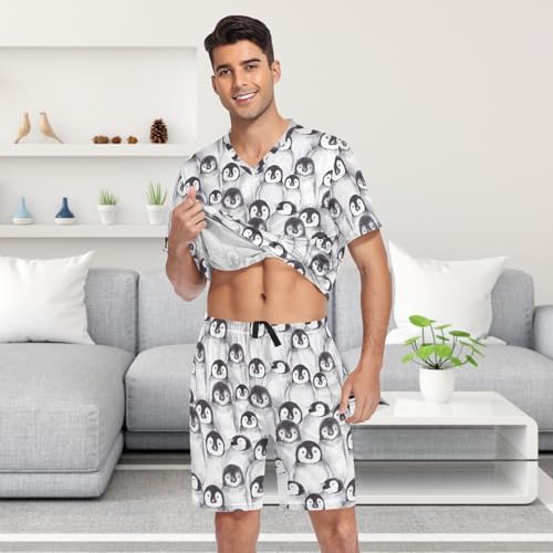 Laprad Men's Cute Penguins Pajamas Set Short Sleeve Sleepwear Comfortable Loungewear V-Neck with Pockets Nightwear4