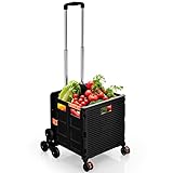 GOPLUS Einkaufstrolley, Einkaufswagen, Mehrzweckwagen, Zusammenklappbar, Treppensteiger, mit Bremse, Teleskop Griff, 360° Drehbaren Schwenkrädern & Deckel, für Reisen, Einkaufen (Schwarz)