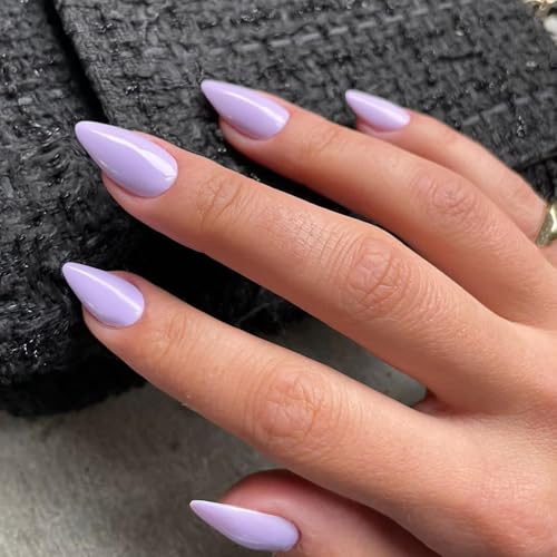 Lilac Press on Nails - 48Pcs Almond Shaped Neutral Thick Fake Nails for Women, Medium Length, Reusable Acrylic, Glue on, Stiletto False, Gel Artificial Lavender