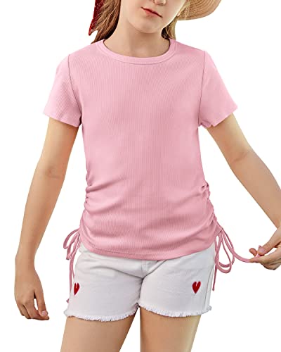 Imily Bela Girls Tees Shirts Cute Crew Neck Short Sleeve Side Drawstring Solid Tops Kids Children Summer Clothes Light Pink #TOP1