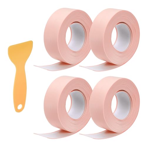 Image of Uxcell 4 Rolls Caulk Tape, 0.9 inch x 10.5Ft PVC Waterproof Self-Adhesive Sealing Strip for Kitchen Bathroom Toilet Sink Floor Corner Edge With Sealing Tool, Pink