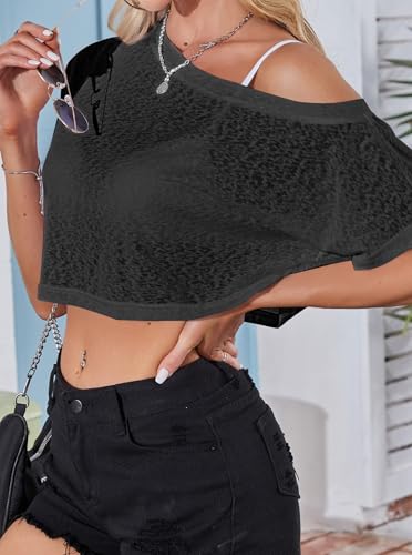 LovelyWholesale Womens Off The Shoulder Mesh Tops Short Sleeve Cropped T Shirt Clubwear3