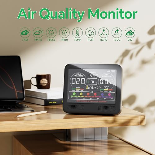 Image of 16-in-1 Indoor Air Quality Monitor with PM1.0,PM2.5,PM10,CO2,HCHO,TVOC,Temperature,Humidity,Time Display &7 AQI Alarms - Professional Air Quality Tester for Home, Office & Indoor Use (Ember Black)