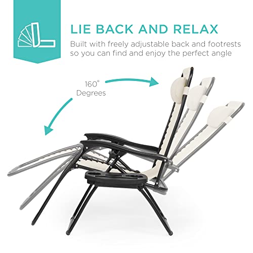 Best Choice Products Set Of 2 Adjustable Steel Mesh Zero Gravity Lounge Chair Recliners W/Pillows And Cup Holder Trays - Ivory #TOP1