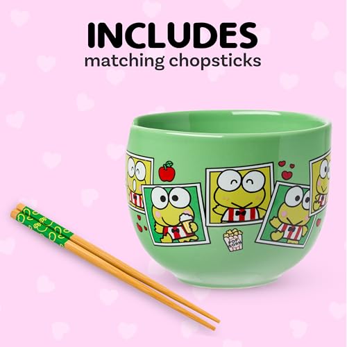 Silver Buffalo Sanrio Hello Kitty and Friends Keroppi Polaroids Ceramic Ramen Noodle Rice Bowl with Chopsticks, Microwave Safe, 20 Ounces