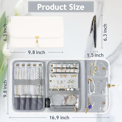 MATEIN-Jewelry-Travel-Case-for-Women-Large-Jewelry-Holder-Organizer-with-Transparent-Pockets-Foldable-Jewelry-Roll-Bag-for-Necklace-Earring-Ring-Storage-Mothers-Day-Gifts-for-Mom-Beige MATEIN Jewelry Travel Case for Women Large Jewelry Holder Organizer with Transparent Pockets Foldable Jewelry Roll Bag for Necklace Earring Ring Storage Mothers Day Gifts for Mom Beige