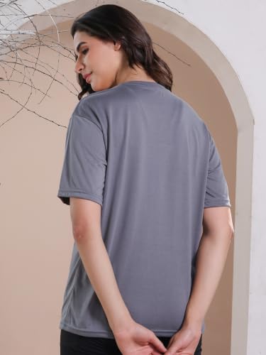 Image of CHKOKKO Oversized Round Neck Drop Shoulder Solid Polyester Full Sleeves T-Shirt for Women