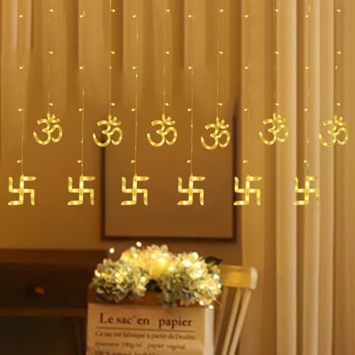 Image of fizzytech Om Swastik Curtain String Lights with 8 Lighting Modes, Warm White Decorative Hanging Fairy Lights for Home, Temple, Diwali, Christmas, Bedroom, Window & Party Decoration