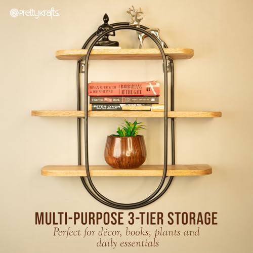 Image of PrettyKrafts 3-Tier Wood and Metal Storage Basket | Shelf Organizer | Multipurpose Storage Basket | Rustic Wooden Wall Storage Rack for Living Room, Bedroom & Kitchen | (55x58x13 cm)