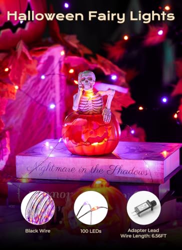Image of Halloween Fairy Lights Plug in, 33Ft 100LEDs Halloween String Lights, Waterproof Flexible Black Wire String Lights for Home Party Haunted House Indoor Outdoor Halloween Decorations, Orange & Purple