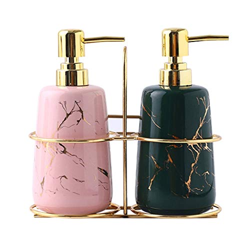 Bomba dispensadora, paquete de 2 dispensadores de jabón con estante de acero inoxidable, juego de dispensador de líquido y jabón recargable, bomba de plástico dorado para cocina, baño, dispensador de