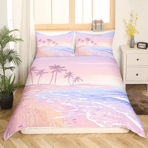 Homewish ZZRS1306ZMD-TJ_UST Pink Beach Duvet Cover Set Twin Size Kids Girls Romantic Hawaii Ocean Style Bedding Set 2Pcs Teens Lover Room Decor Palm Trees Sky View Comforter Cover Girly Summer Quilt Cover,1 Pillowcase thumb #1