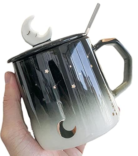 seelucky Moon Mug with Spoon Lid Star Ceramic Coffee Cup Moon Tea Milk Cup Gift Office Home (moon, 400 ml)