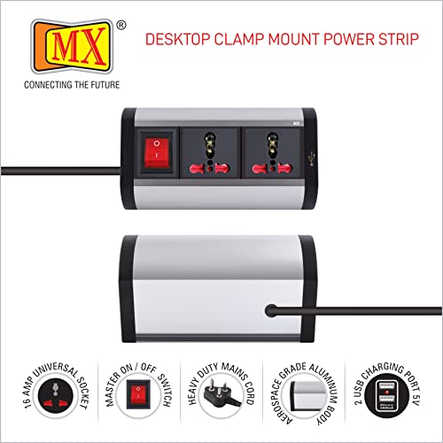 Image of MX Premium Power Console 16A - 6 Universal Sockets with 2 USB Charging Ports, Removable Desk Clamp Power Strip with Master Switch, 1.5m Cord, Overload Protection for Home & Office
