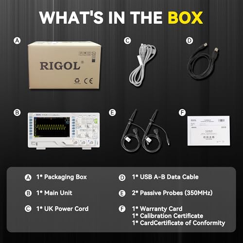 RIGOL DS1202Z-E Digital Oscilloscope, 200MHz Bandwidth, 2 Analog Channels, 24Mpts Memory Depth, 1G Sa/s Sampling Rate, Free Trigger and Decoding Functions, 3 Years Warranty
