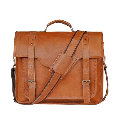 Generic Handcrafted Vintage Brown Goat Leather Messenger Bag, Adjustable Strap