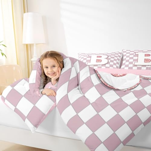 Image of Erosebridal Pink Initial B Comforter Set Full Kawaii Plaid Checkered Bedding Set Cute Personalized Monogram Comforter for Kids Girls Teen Women,Fashion Grids Gingham Quilt Duvet