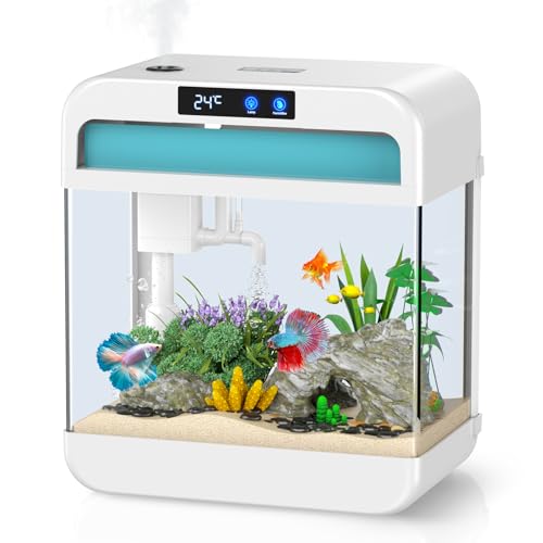 Fish Tank Aquarium 2.2 Gallon with Humidifier 7 Color Auto-Looping Light Self Cleaning 3 in 1 Pump with Filteration & Oxygenation & Circulation, Temperature Display, HD Float Glass, Thickened Base