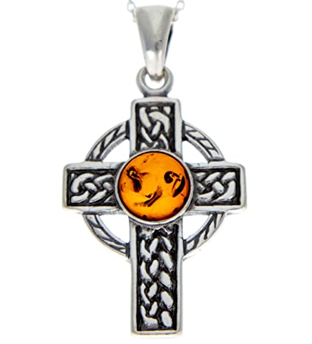 925 Sterling Silver & Genuine Baltic Amber Celtic Cross Pendant - 1640