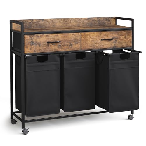 Mondeer Wäschekorb 3 Fächer, Wäschesammler mit 2 Schubladen ausziehbar und herausnehmbare Wäschesäcke, Für Waschküche Schlafzimmer Badezimmer,...